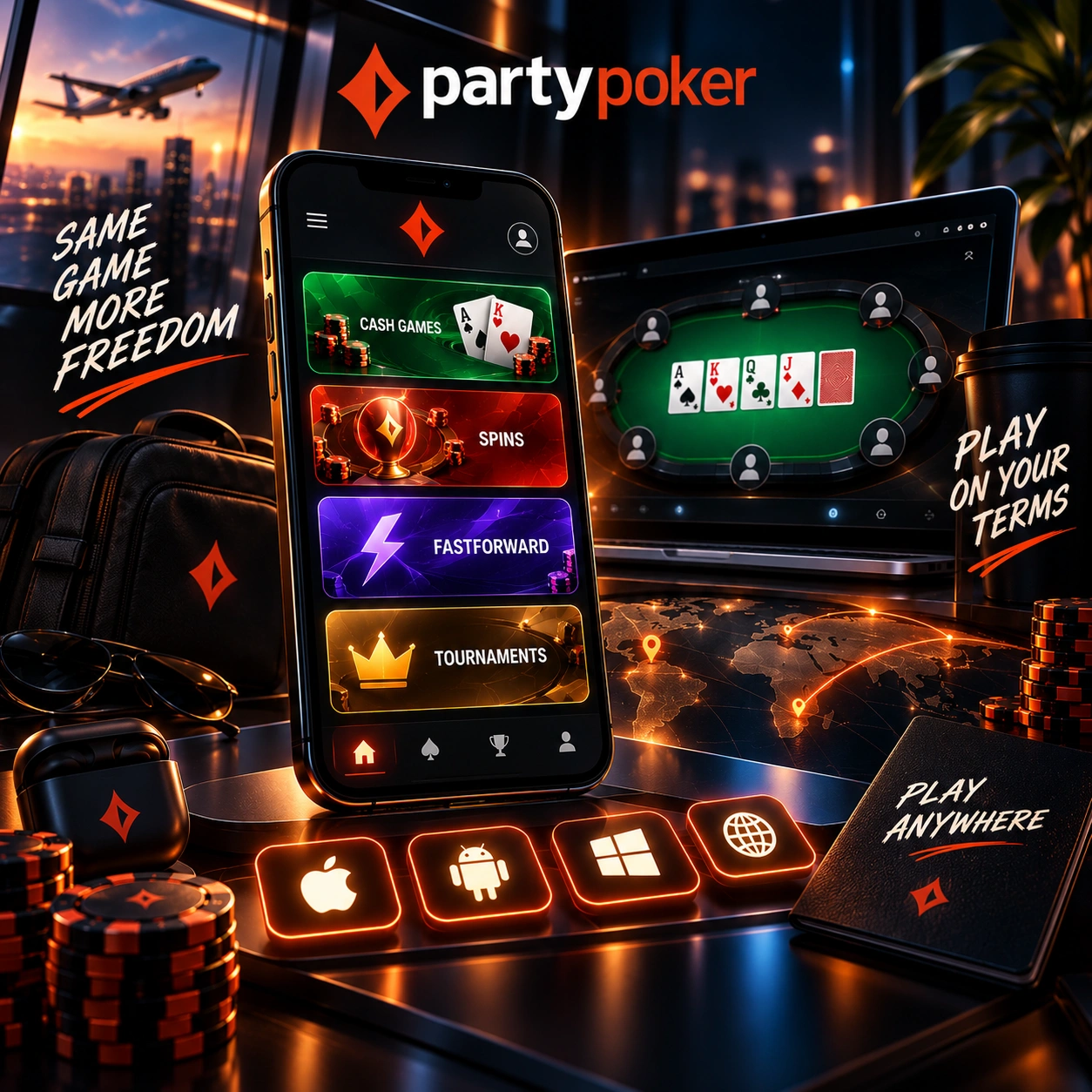 PartyPoker app with mobile and desktop poker tables, game formats, platform icons, and seamless play across devices