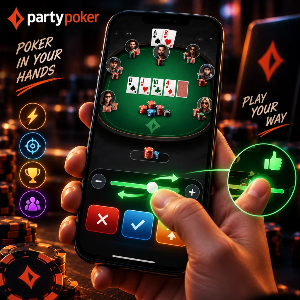 PartyPoker mobile poker game with a betting slider, action buttons, poker table, cards, and thumb-friendly controls