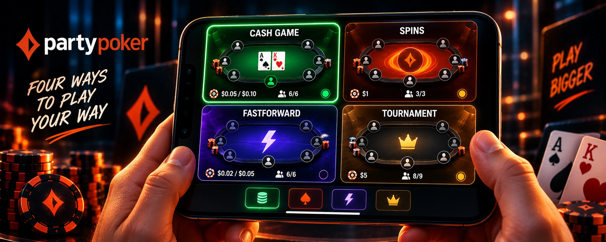 PartyPoker mobile poker app with four tables for Cash Games, SPINS, Fastforward, and Tournaments