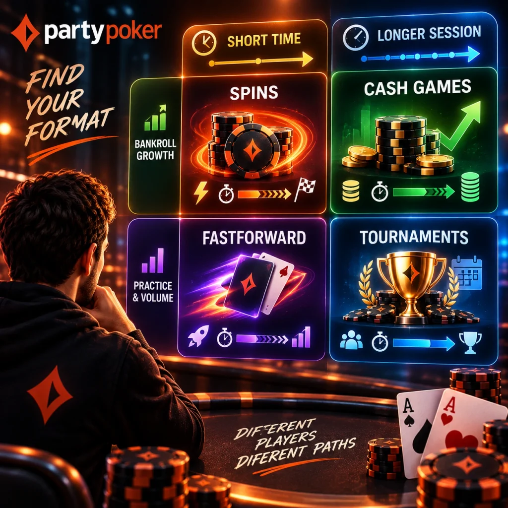 PartyPoker poker format guide comparing SPINS, Cash Games, Fastforward, and Tournaments by session time and play style