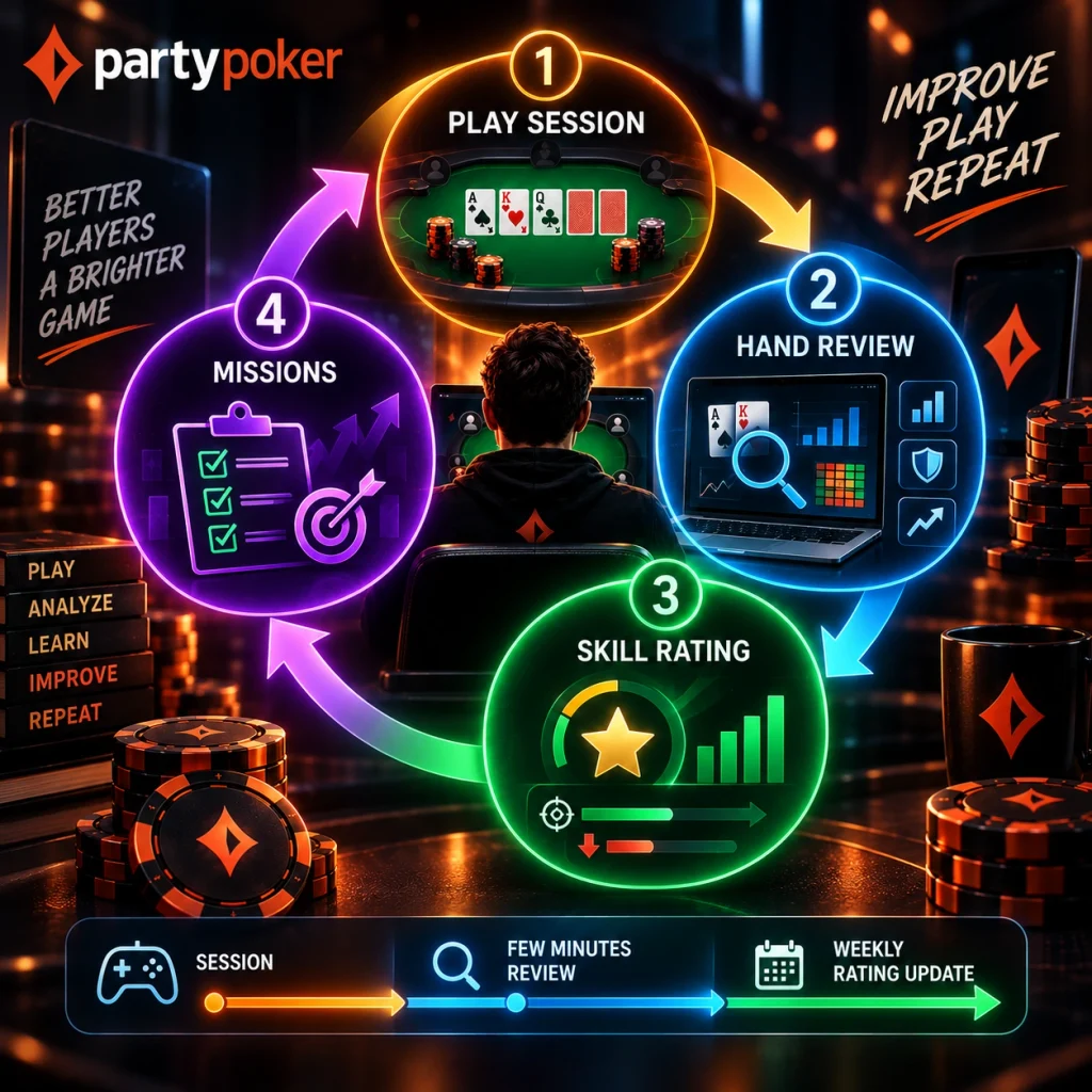 PartyPoker poker improvement cycle showing play session, hand review, skill rating, and missions with progress arrows