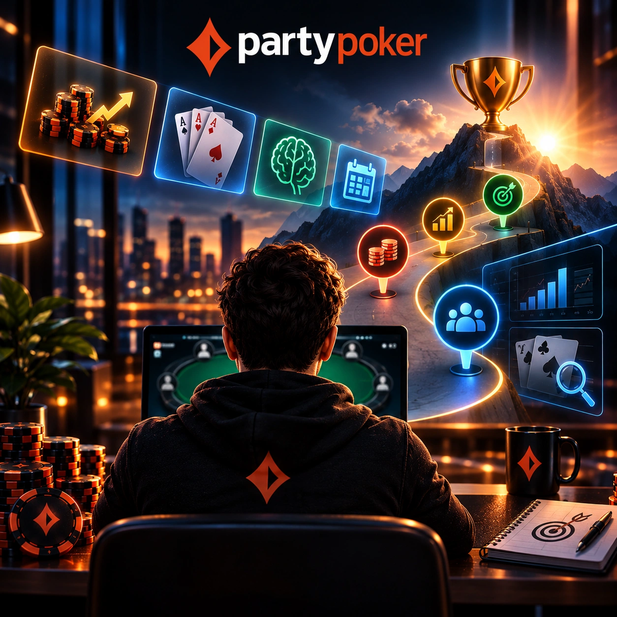 PartyPoker poker routine with goals, poker strategy, progress tracking, cards, chips, and a path toward improvement