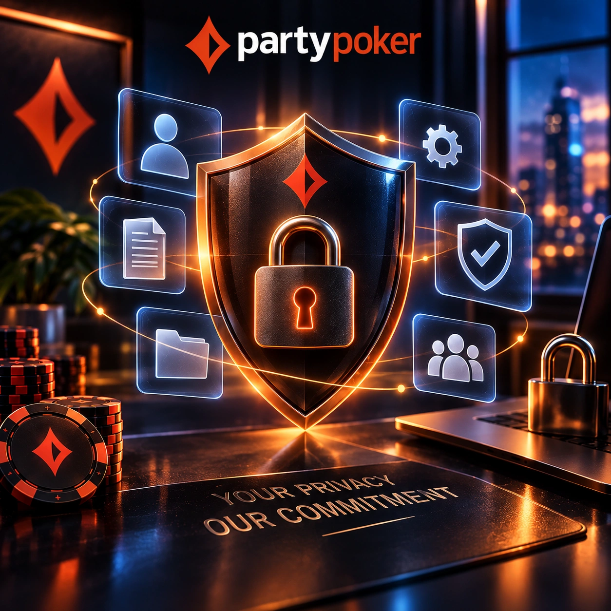 PartyPoker Privacy Policy with a security shield, padlock, personal data icons, and poker chips