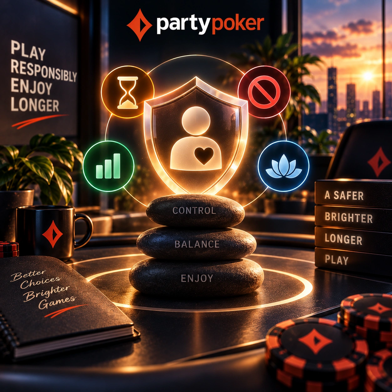 PartyPoker responsible gaming with a protective shield, balance stones, time control and poker chips